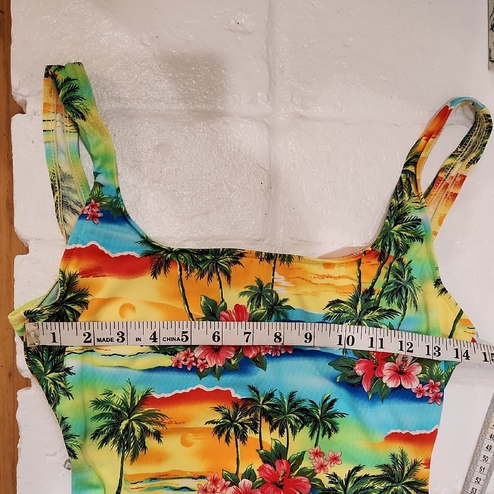 Yellow and Green One Piece Swimwear with Tropical Print and Playful Pom Poms - Picture 7 of 7